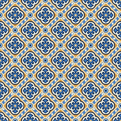 Seamless pattern, Hydraulic Tile, Ceramic Mosaic, classic print found in historic and old buildings. Beautiful texture, few colors with complex design. Background, backdrop. Design surface. Blue.