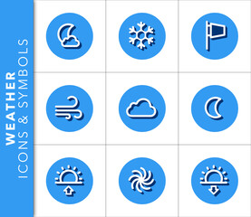 Icons and symbols set related to weather with shadow on blue background. Vector isolated graphic.