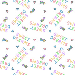 seamless pattern children's star with rainbow tail, colorful inscription text sweet dreams, heart, transparent background