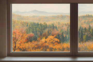 3D Render digital art painting of autumn outside the window with selective focused and blurred
