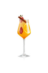 Citrus sangria with strawberry and white wine. Spanish traditional cold cocktail in glass. Fruit cocktail isolated on white background. Bar menu in minimalistic style. Summer sangria.