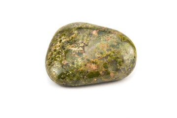 A piece of unakite mineral with polished greenish edges