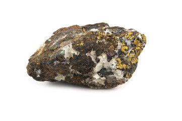 A piece of the mineral chalcopyrite with a rough surface and white and yellow inclusions
