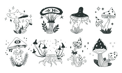 Mystical mushrooms, magic forest halloween doodle elements. Boho mushrooms, witchcraft esoteric woods vector symbols illustrations set. Magic mushroom mycelium collection © GreenSkyStudio
