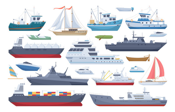 Sea shipping boats, cartoon ships, yacht and motorboat. Travel ocean cruise boat, fishing and cargo shipping boats flat vector illustrations collection. Water transport set