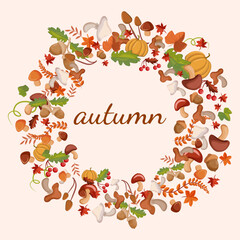 autumn wreath. Yellowed foliage, mushrooms, acorns, berries
