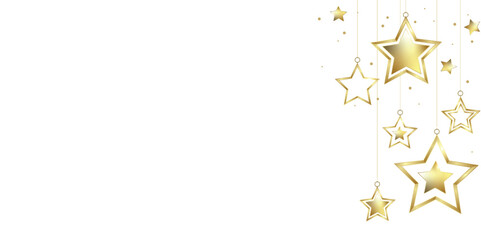 Hanging gold stars on a white background - Christmas and happy new year design banner