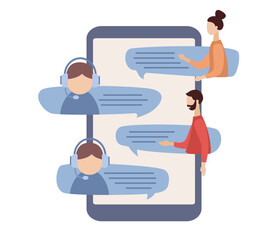 Customer service icon. Call center, Online support concept. Hotline operator in headset consults client in chat in smartphone app. Vector flat illustration 