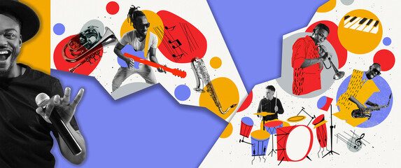 Mood and atmosphere. Concept of festival, creativity, inspiration, imagination, ad. Musicians with music instruments on bright abstract background.