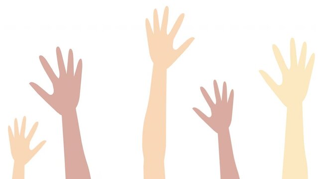 Hands raising up air. Ethnic people together. Diverse human high raised hand. Social movement, voting, variety. International person White, African, Mexican, Chinese, European. Animation video