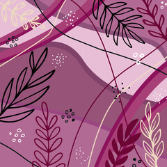 Background with abstract hand drawn botanical elements and stains dots stripes waves trendy