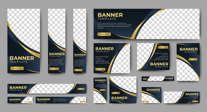 Web banner template design set layout with photo and text space. black and gold. Business advertising set design template. Vertical, horizontal, square banners standard size.