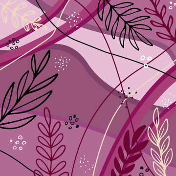 Background with abstract hand drawn botanical elements and stains dots stripes waves trendy