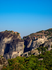 View towards the Monasteries of Varlaam and Great Meteoron, Meteora, Thessaly, Greece