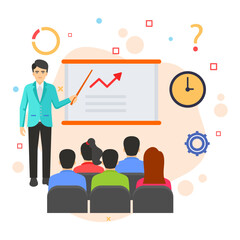 Fototapeta na wymiar Adult Training and Development classroom scene Concept, hrm symbol, Manager giving presentation on growth vector color icon design, hr sign, Business Character stock illustration