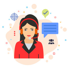 Technical Support agent Concept, hrm symbol, Headphone with mic design vector Icon, Business Character stock illustration, Female Coordination and Communication Girl Sign, Customer Success Manager