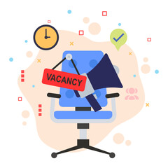 Job Offer or Hiring Staff Concept, New Vacancy announcement stock illustration, Hrm symbol, executive chair with Megaphone Vector color Icon design, hr sign, 