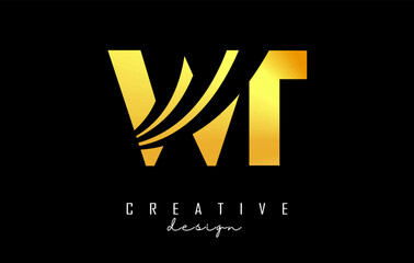 Creative golden letters WT w t logo with leading lines and road concept design. Letters with geometric design.