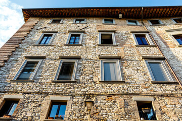 Facades of medieval houses in the center of Gubbio, Umbria, Italy, Europe