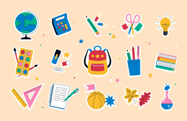 A collection of funny trendy bright "Back to School" badges for students with school supplies. A set of stickers, icons. Flat cartoon style. Vector illustration