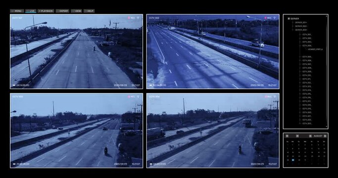 Surveillance CCTV monitoring screen template with multiple cameras view with traffic on the road, Security camera system oncept, CCTV User interface video overlay