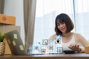 Business woman using tablet to analyze sales data and economic growth graph chart. technology and customer global network connection icon Business strategy.