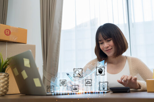 Business woman using tablet to analyze sales data and economic growth graph chart. technology and customer global network connection icon Business strategy.