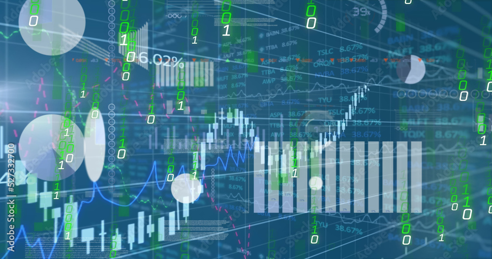 Poster image of graphs, data and binary code on blue background