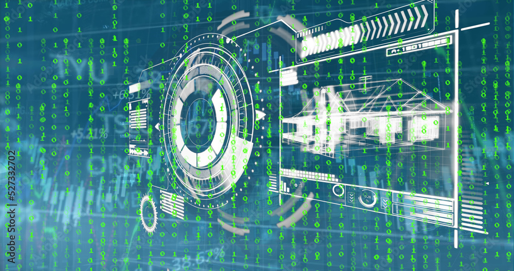 Poster image of scope scanning with interface, binary codes, graphs moving over trading board