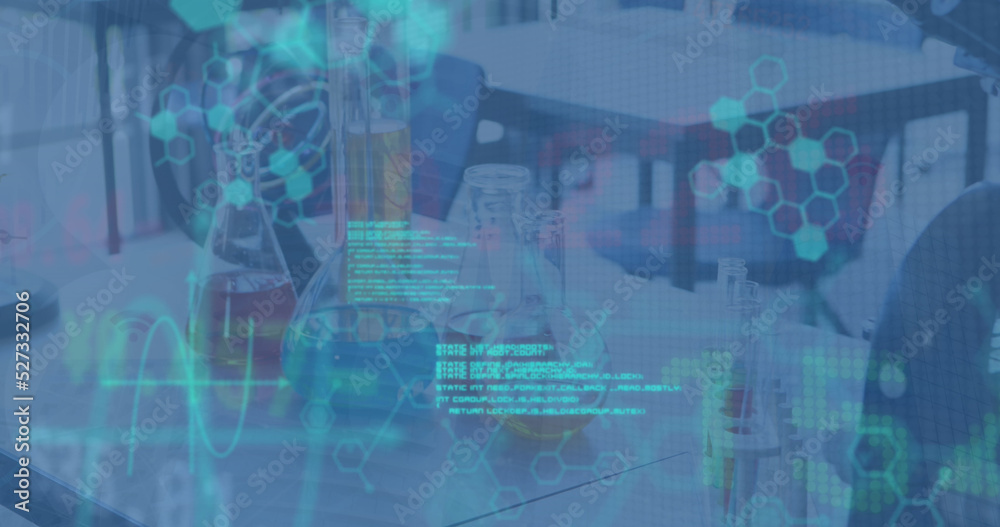 Poster image of programming data and graphical hexagonal shapes over laboratory equipment