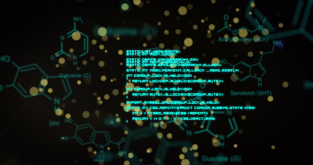 Image of yellow spots floating over chemical structures and data processing on black background