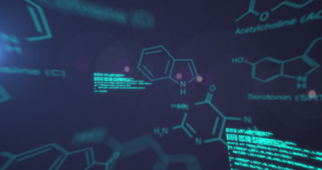 Image of chemical structures and data processing against blue background