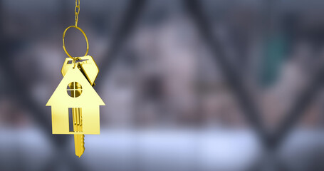 Image of golden house keys hanging against blurred background with copy space - Powered by Adobe