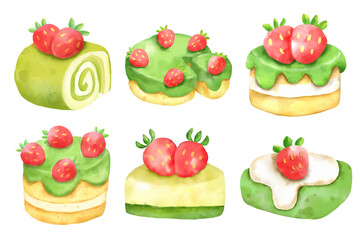 set of matcha cake watercolor illustration 