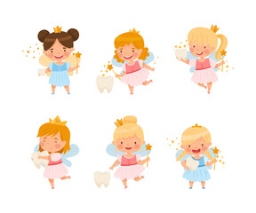 Fototapeta premium Cute Little Tooth Fairy with Baby Teeth and Magic Wand Wearing Crown Vector Set