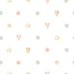 Watercolor seamless pattern with cute pactel dots, stars and hearts. Isolated on white background. Hand drawn clipart. Perfect for card, fabric, tags, invitation, printing, wrapping.