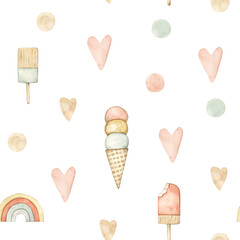 Watercolor seamless pattern with pastel hearts, dots, rainbow and ice cream. Isolated on white background. Hand drawn clipart. Perfect for card, fabric, tags, invitation, printing, wrapping.