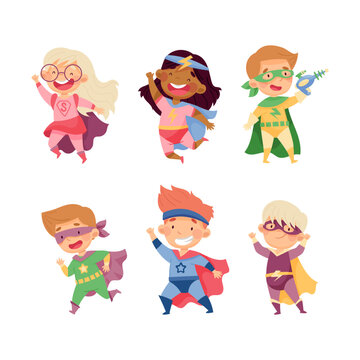 Happy Kids Wearing Costume of Superhero and Mask Pretending Having Power for Fighting Crime Vector Set