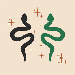 Mystical composition with writhing snakes, stars on a light background. Boho and esoteric style. Magical illustration of spiritual practices of ethnic magic and rituals.