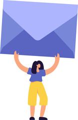 Cute tiny vector woman carrying huge envelope overhead. Female character present blue craft mail. Flat cartoon illustration isolated on white background