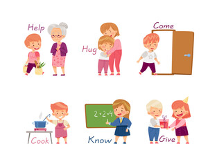 Funny Kids Engaged in Different Activities Demonstrating Verb Vector Set