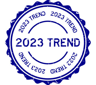 Grunge blue 2023 trend word round rubber seal stamp on white background
