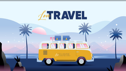 Minibus on Road for Travel Vector Illustration