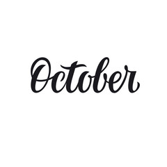 October. Calligraphy word. Handwriting autumn month typography. Ink brush. Type for calendar, bullet journal, monthly organizer. Isolated on white background