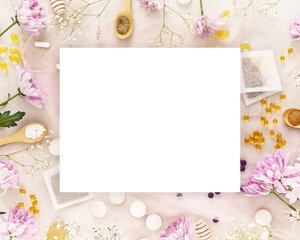 Health care card with immune busting pills, capsules, vitamins, dietary supplements, herbal tea bags with empty white space for your text. Treatment of seasonal diseases and colds. Medical background