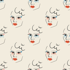 Hand-drawn girl with bright makeup, seamless pattern. Vector seamless print for wrapping, notebooks and notepads, fabric, covers and more.