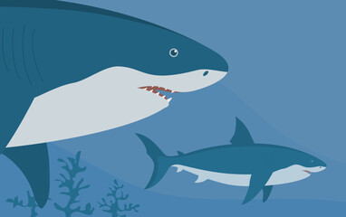 Prehistoric underwater shark megalodon with fins. Predatory sea fish. Scary jaws with teeth. Wildlife of the Jurassic period. Vector illustration