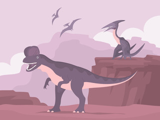 Ancient dinosaurs pangolin. Flying pterosaurs. Dinosaur of the Jurassic period. Science paleontology. Vector cartoon illustration of prehistoric nature