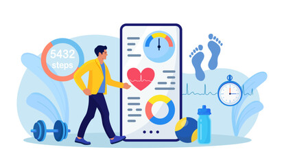 Sport man using phone for counting steps. Step counter and pedometer activity app measurement. Person doing cardio training with heart beat monitoring device with daily footsteps information