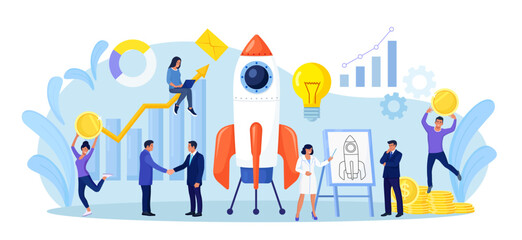 Successful startup launch. Space rocket flies up with graphs charts and diagram on background. Tiny businessmen developing business project with new ideas, vision, growth strategy, innovation